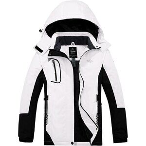 Women's Black White Mountain Waterproof Ski Jacket Hooded Coat Cozy Winter Warm